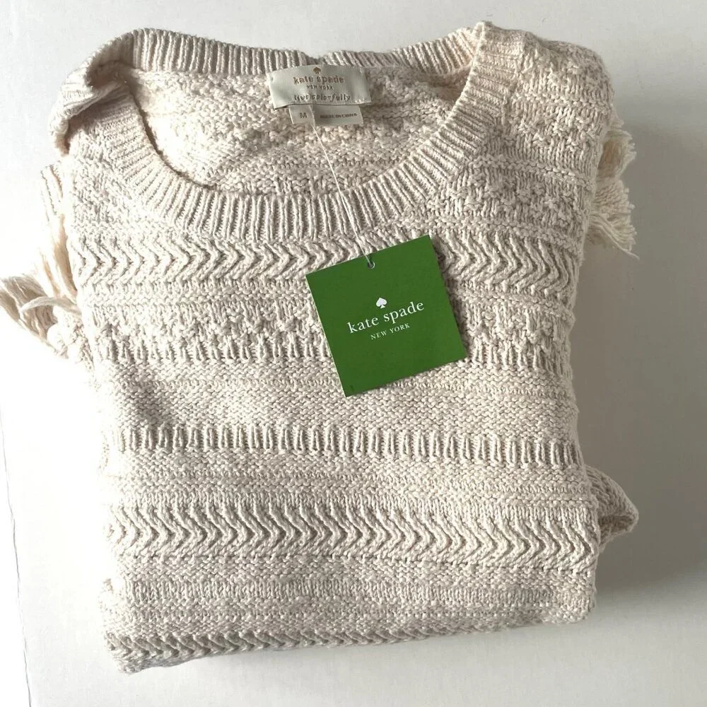 Kate Spade Womens Medium Beige Cotton Chunky Knit Sweater Pompom Hem Crewneck